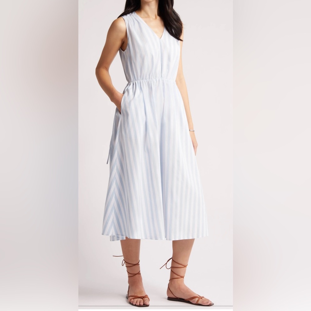 NORDSTROM SIGNATURE Blue and White Striped Cotton Tie-Waist Dress with Pockets